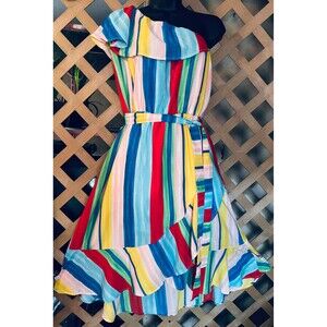 PEACH LOVE California USA Made Rainbow Stripes One-Shoulder Full Layered Dress L